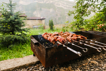 Barbecue with lamb kebab on skewers in the yard.