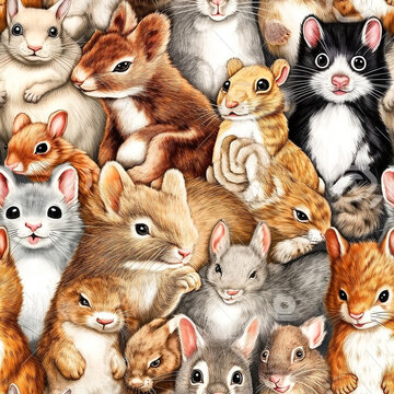 Seamless pattern with a bunch of fluffy cartoon animals sitting tightly on top of each other. AI generated.