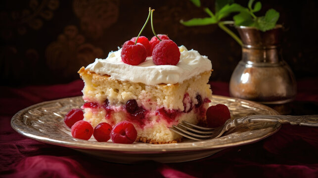 Cake with raspberries and cherries on a dark background