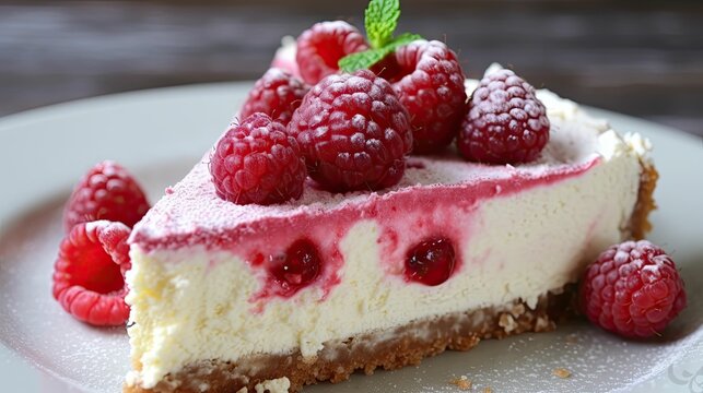 Raspberry cheesecake with fresh raspberries on a white plate