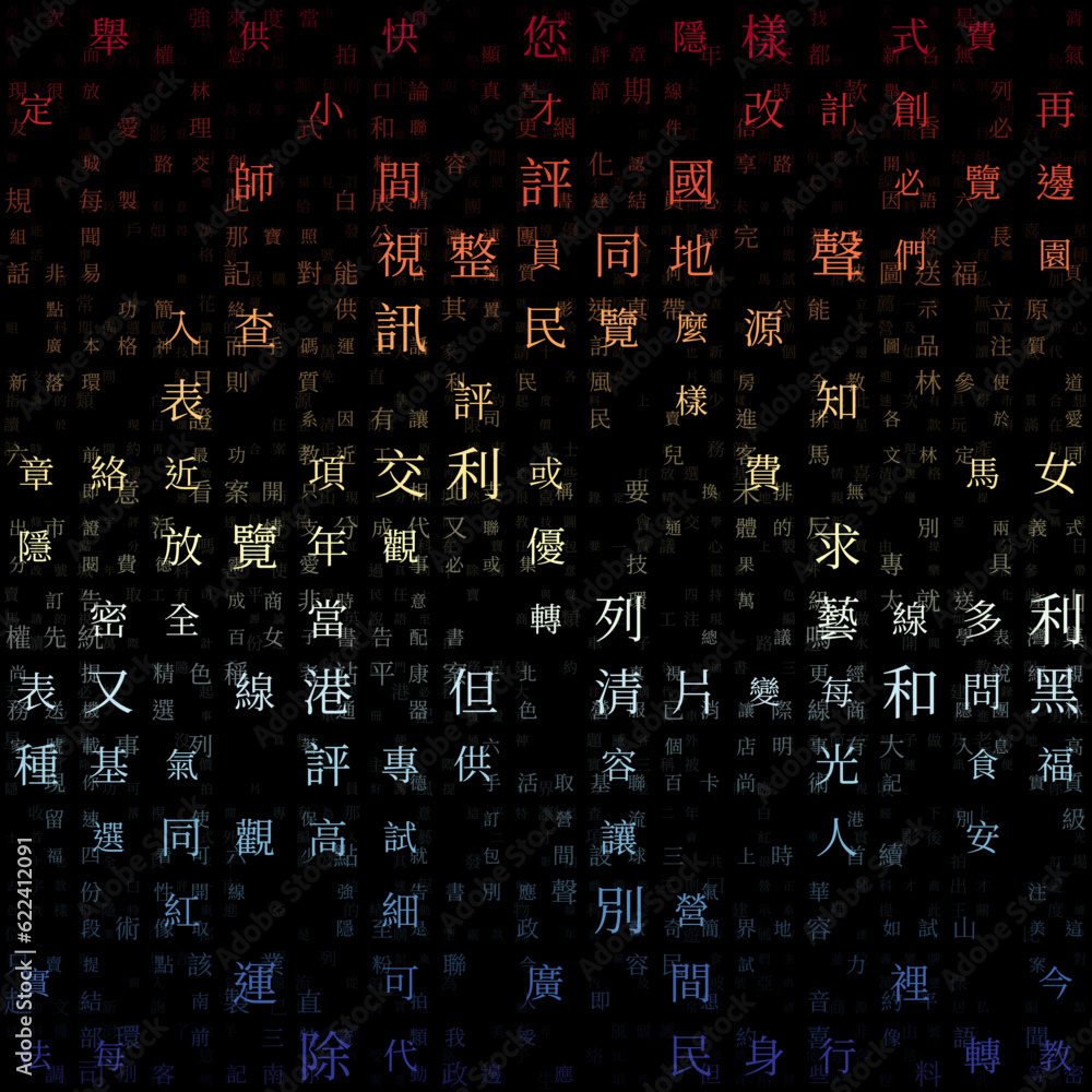 Poster digital letters cover. random characters of chinese traditional alphabet. gradient matrix pattern. r