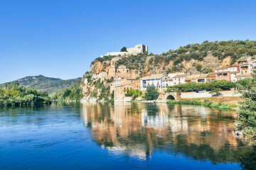 Fototapeta na wymiar Miravet old little village surrounded by mountains and the Ebro river. In Tarragona province, Catalonia community, Spain