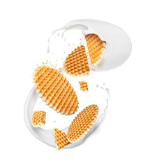 Delicious round waffles in milk splashes isolated on a white background