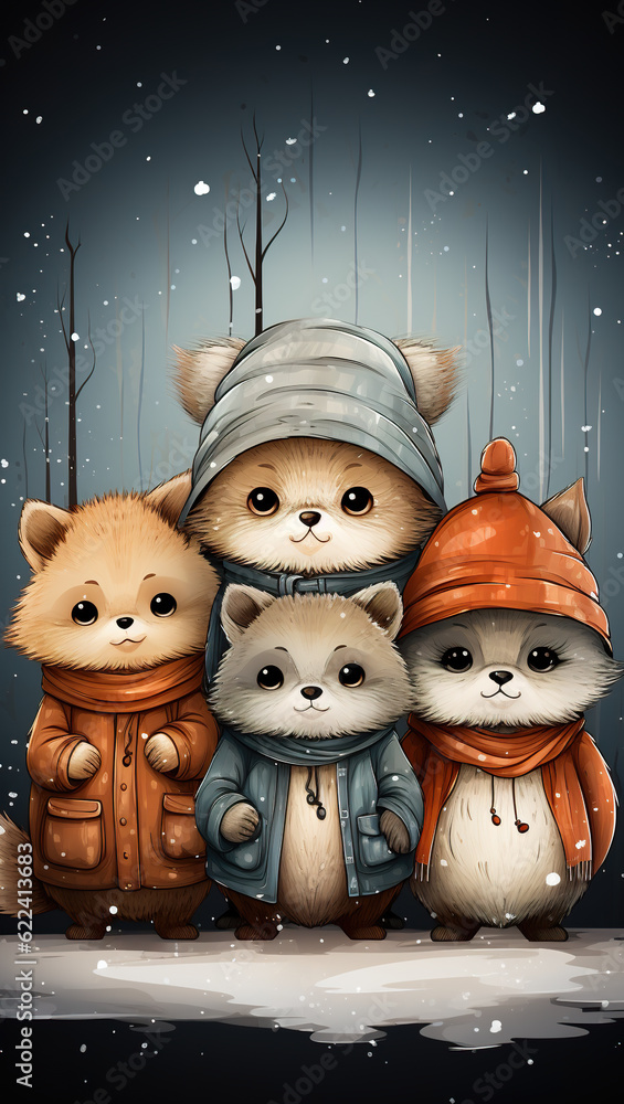 Poster a group of animals standing next to each other in the snow. generative ai.