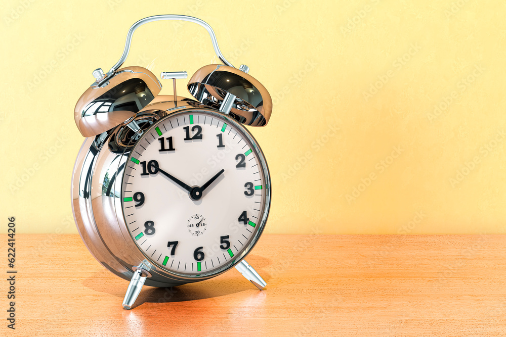 Poster alarm clock on the wooden table. 3d rendering