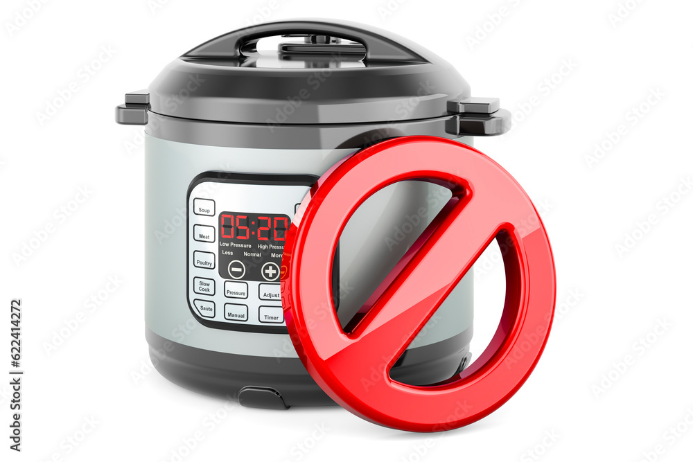 Poster automatic multicooker with prohibition sign. 3d rendering