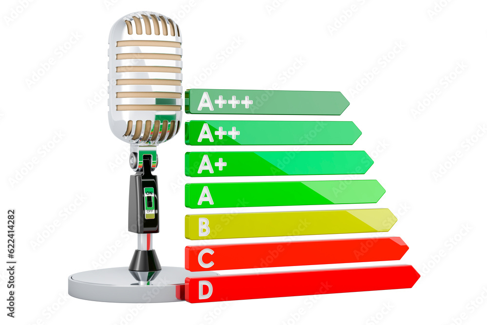 Poster retro microphone with energy efficiency chart. 3d rendering