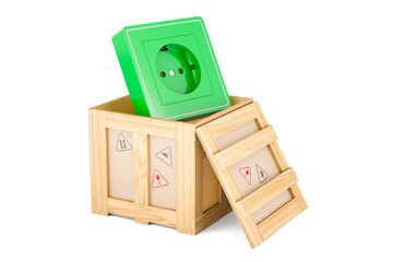 Electrical outlet, socket inside wooden box, delivery concept. 3D rendering