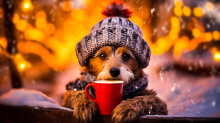 A cheerful cute dog in a knitted hat drinks cocoa from a cup against the background of a winter forest with fir trees, snow and colorful lights.Generative AI