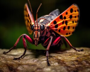 A photorealistic image of a super macro shot of Lanternfly,  macro lens, emphasizing the detail and realism of image. Generative AI