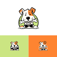 Cartoon little dog with smiling face and bone logo template. Mascot pet design with simple doggy vector illustration - 622415032