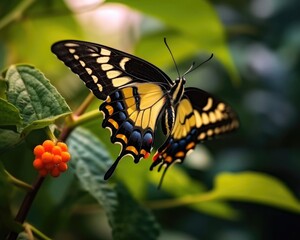 Fototapeta premium A photorealistic image of a super macro shot of Swallowtail butterfly, macro lens, emphasizing the detail and realism of image. Generative AI