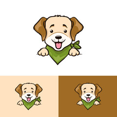 Cartoon dog head and paws vector illustration. Little dog with open mouth and tongue, pet logo template - 622415049