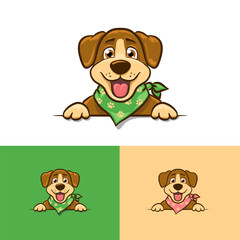 Cartoon brown little dog head with smiling face logo template. Mascot pet design with doggy vector illustration - 622415051