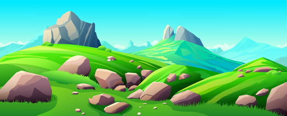 Obraz premium Green meadows and mountain valley. Blue sky with fluffy clouds, nature panorama, summer landscape of fields with grass, stones, path, rocks on horizon. Vector cartoon illustration for banner or print