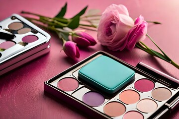 Obraz na płótnie Canvas makeup palette with pink flowers. AI-Generated