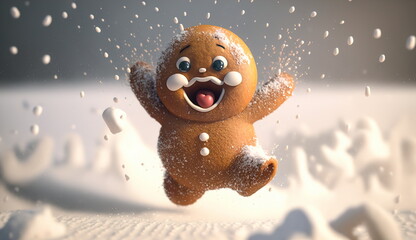 Concept humor funny gingerbread man rejoices in the snow.Generative AI