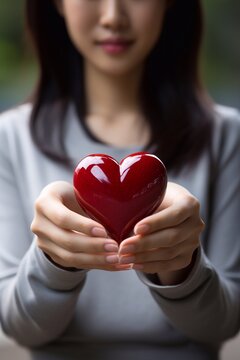 Photo of dark red Heart in woman hand focus of heart for mother love. Valentines day concept. generative ai