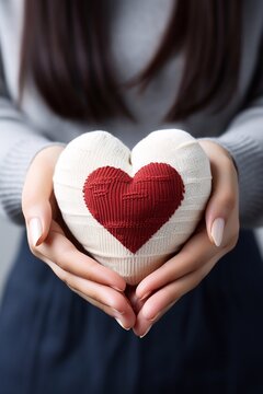 Photo of red and white Heart in girl hand focus of heart. Valentines day concept. generative ai