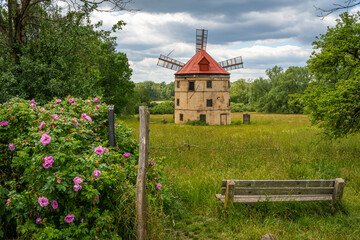 Historical windmill Svetlik from 1843 in the village of Horni Podluzi, Usti nad Labem region, Czech...
