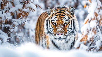 A beautiful tiger looks straight into the frame while in a snowy forest.Generative AI