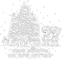 Merry Christmas and happy New Year card with a snowy decorated fir tree and a magic bag of holiday gifts for cute little kids, black and white vector cartoon illustration for a coloring book