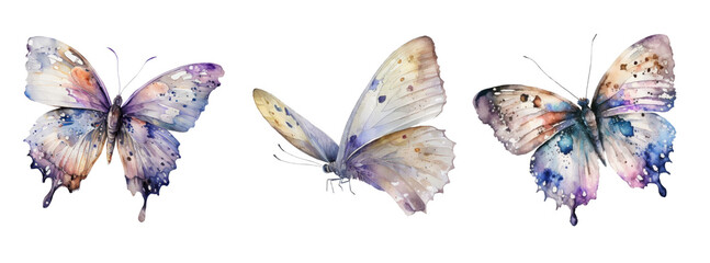 Three Watercolor light Butterflies, pastel iridescent Butterfly graphic illustration isolated with a transparent background, insect design created with Generative AI.
