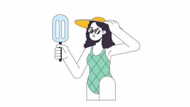 Eating ice cream in summer line cartoon animation. Holding icecream on stick 4K video motion graphic. Sunglasses woman enjoying summer break 2D linear animated character isolated on white background