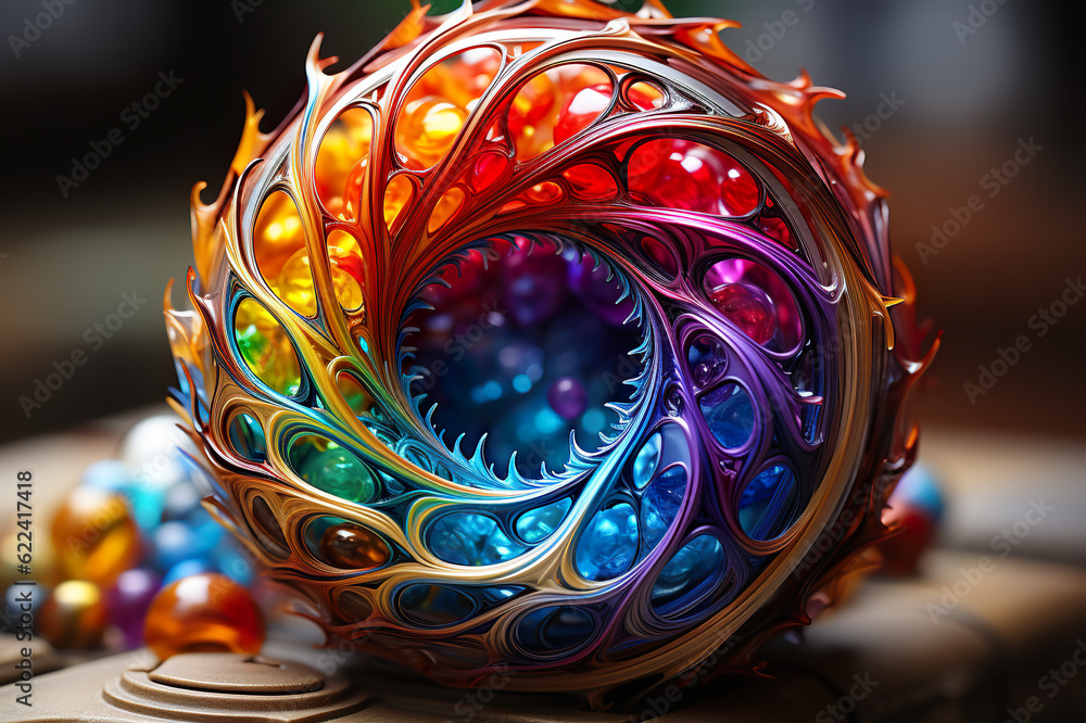 Poster a close up of a colorful object on a table. generative ai. abstract digital art object.