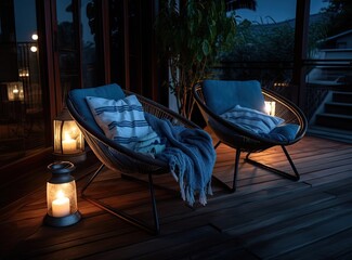 Modern lounge outdoors in backyard. Exterior veranda of house with black Acapulco armchairs and plants pots. Cozy space in patio or balcony with garland. Created with Generative AI technology.