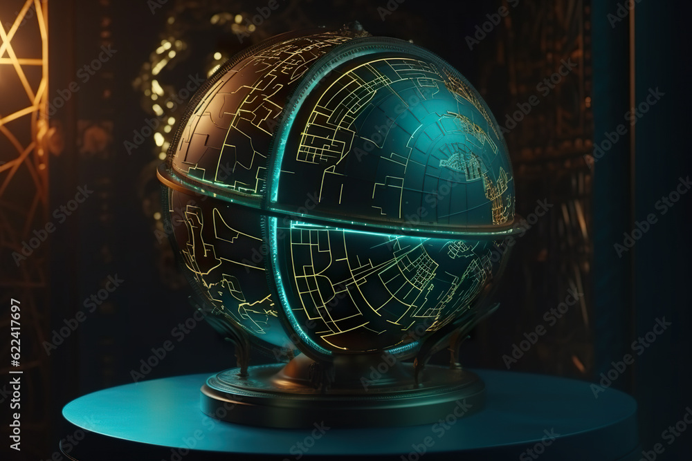 Poster a glowing globe on a table in a dark room. generative ai.