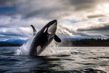 Killer whale Orca jumping out of the water. Amazing Wildlife. Generative Ai