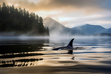 Killer whale Orca traveling on ocean a misty sunset day. Amazing Wildlife. Generative Ai