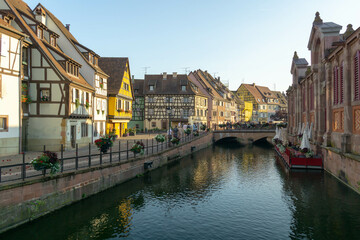 Colorful buildings of French and Germanic architecture style in the historic center of the French town of Colmar 