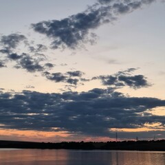A body of water with clouds and a sunset