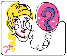 One line drawing of thinking woman..
One continuous line drawing of question mark.