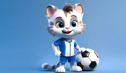Fototapeta na wymiar Cartoon cat in sportswear with a soccer ball on a blue background. Place for text. AI generation
