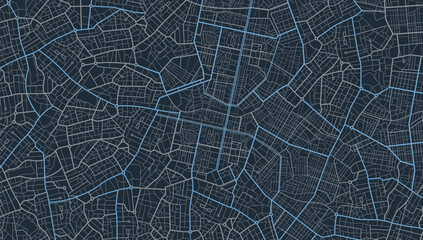 Blue city area, background map, streets. Skyline urban panorama. Cartography illustration. Abstract transportation background, streetmap. Widescreen proportion, digita design streetmap. Vector