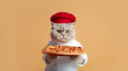 A cute chef cat in a chef's hat is holding a pizza. AI generation