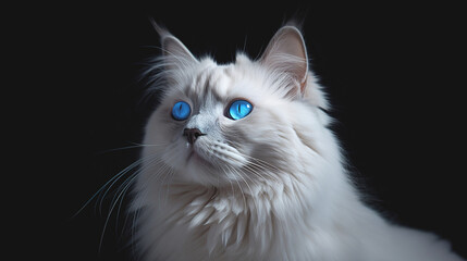 White fluffy cat with bright blue eyes on a dark background. AI generation