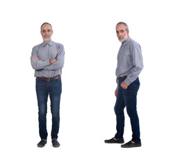 front and side view of same middle aged man standing on white background