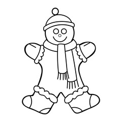 Coloring book gingerbread men. Christmas sweet. Happy New Year. Character in winter clothes. Hand drawn line art illustration. Coloring page for kids and adults.