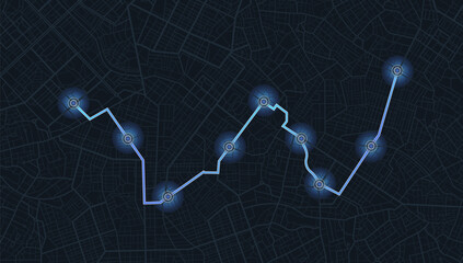 GPS navigator screen with street roads and location, destination points City top view. Online navigation. Flat style, Vector, illustration isolated. Urban highway plan, final destination