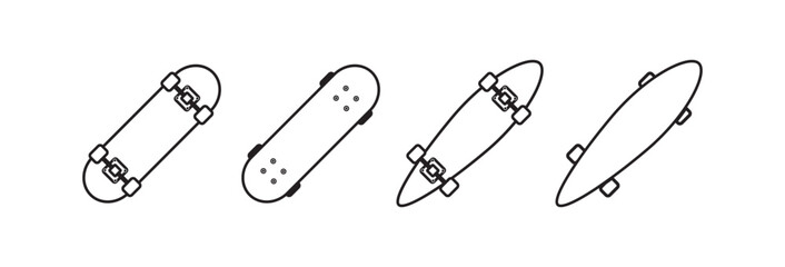 Skateboard icon in line art style isolated on white background. Top and bottom view. Skateboard equipment icons, Vector illustration.