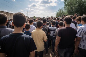 Fototapeta premium Crowd of homeless refugees view from the back with staff and children. Refugees and economy crisis.