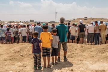 Crowd of homeless refugees view from the back with staff and children. Refugees and economy crisis.