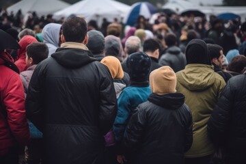 Crowd of homeless refugees view from the back with staff and children. Refugees and economy crisis.