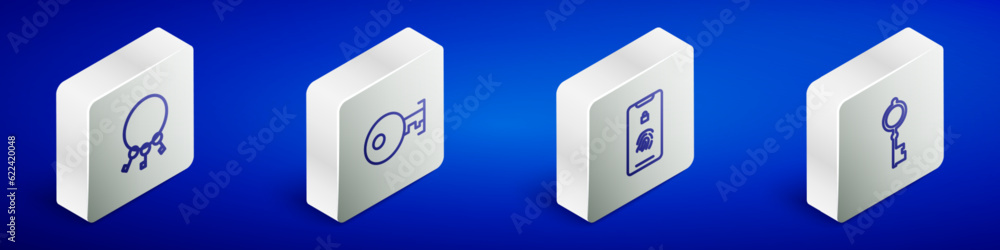 Poster set isometric line bunch of keys, key, mobile with fingerprint scan and old icon. vector