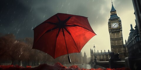 Red umbrella in the storm, Red Umbrella Flying through a Thunderstorm in Autumn, Along a London...