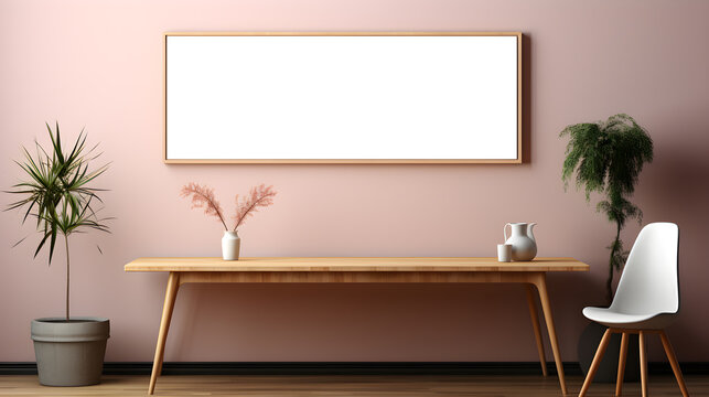 Empty wooden picture frame mockup hanging on pastel pink wall. Modern minimalistic interior. vases with dried flowers and house plants on table. Working space, home office. Generative AI technology